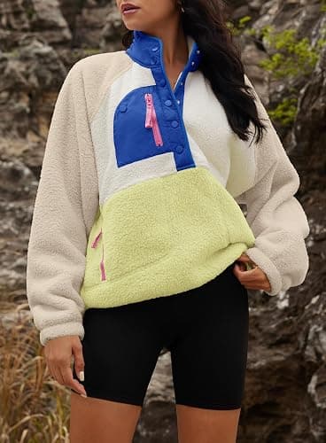 Yanekop Womens Fuzzy Fleece Pullover Sherpa Sweatshirt Long Sleeve Button Down Sweater Winter Fleece Jacket with Pockets thumbnail 3