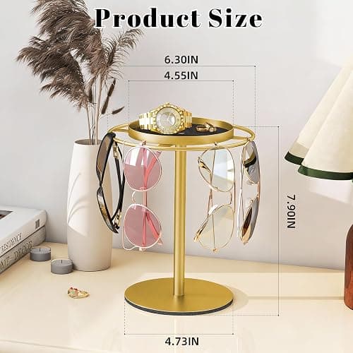 LSK Metal Sunglass Organizer, Glasses Holder Stand with Storage Tray, Gold Sunglass Holder with Non-Slip Pad for Nightstand, Tabletop, Desk, Dresser, Hanging Up to 9 Pairs Sunlasses/Reading Glasses thumbnail 2