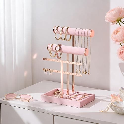 Josmimic 3 Tier Bracelet Holder Display - Detachable T Bar Pink Velvet Bracelet Holder, Jewelry Holder Organizer for Bracelet, Necklace, Watches, Rings thumbnail 6