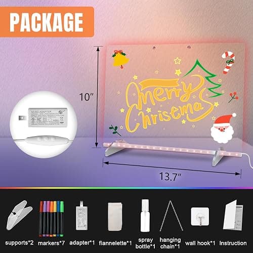 LED Note Board with Colors, 13.7"X10" 4 Modes &7 Colors Acrylic Dry Erase Boards with Light, Include Adapter, Hanging Chain, Led Drawing Board for Kids with Stand,7 Markers, Spray Bottle thumbnail 2