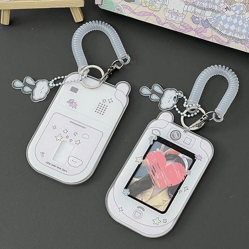 2 Pcs Cartoon Photocard Holder ID Badge Holder,3 Inch Photo Card Holder Id Card Holder Protective Sleeves Photocards Holder,Cute Photocard Holder Keychain Cloud Bear Pendant with Spiral Wrist Coil thumbnail 5