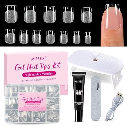 Misssix Extra Short Square Gel x Nail Tips Kit, 216Pcs Pre Etched Clear Fake Nails, Full Cover False Nail 9-in-1 Gel Glue and Portable Mini U V Nail Lamp for Women 12 Sizes - Image 1
