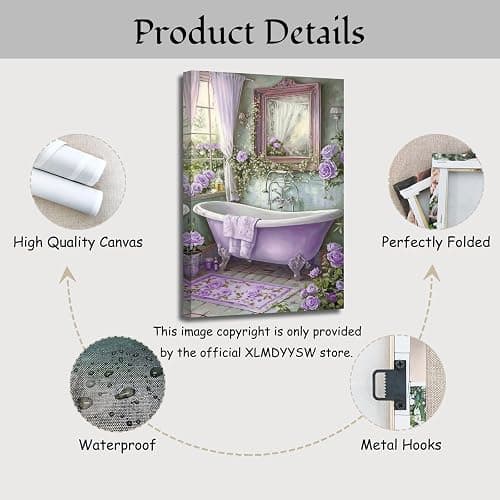 XLMDYYSW Purple Bathroom Canvas Wall Art Vintage Bathtub with Rose Pictures Rustic Floral Botanical Painting Print for Luxury Toilet Restroom Home Decor Framed (Purple, 18L x 12W) thumbnail 6