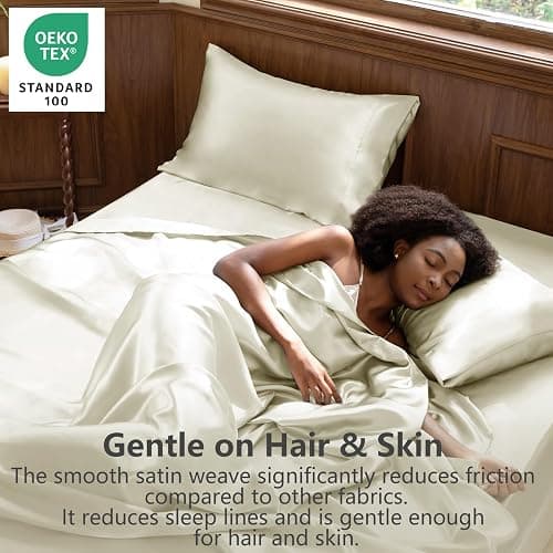 CozyLux Satin Sheets Full Size Sheets - 4 Piece Silky Full Size Bed Sheets, Luxury Cream Full Bed Set with Smooth and Soft Microfiber, Includes 1 Fitted Sheet, 1 Flat Sheet and 2 Pillowcases thumbnail 2