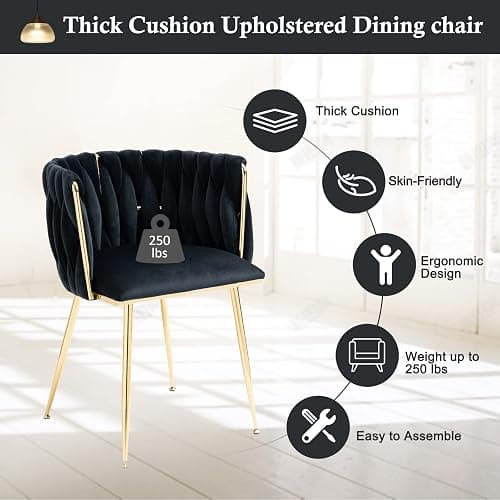 NIOIIKIT Modern Velvet Dining Chairs Hand Weaving Accent Chairs Living Room Chairs Upholstered Side Chair with Golden Metal Legs for Dining Room Kitchen Vanity Living Room (Black) thumbnail 6