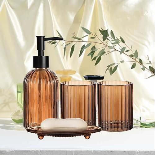 Brown Bathroom Accessories Set, Glass Bathroom Accessory Sets Complete Includes Soap Dispenser, Toothbrush Holder, Mouthwash Cup, Soap Dish for Bath Decor, Countertop Vanity Organize thumbnail 6