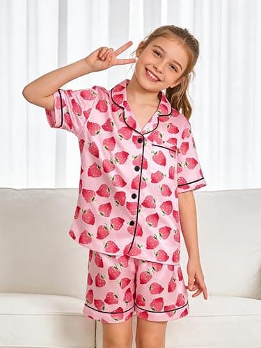 Vopawetty Satin Pajamas for Girls, 4-Piece Short Sleeve Button Down Silky PJ Set thumbnail 3