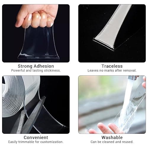 SUTOUG 3 Rolls Double Sided Tape Heavy Duty, Nano Tape, Transparent Adhesive Tape, Traceless Adhesive Tape,Clear Mounting Tape,Removable, Washable, Suitable for Carpets, Photo Walls, 9.85FT Per Roll thumbnail 7