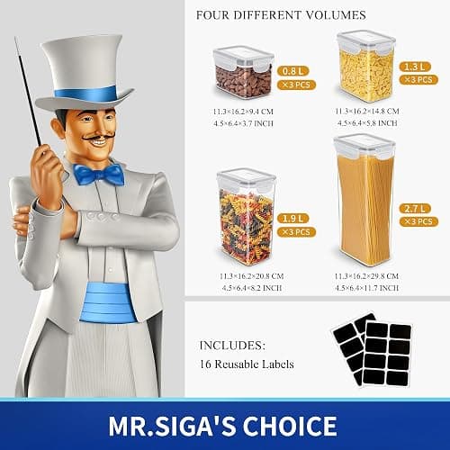 MR.SIGA 12 Pack Airtight Food Storage Container Set for Pantry Organization | Stackable, BPA Free plastic storage containers for pantry, great for snacks, spaghetti, includes 24 reusable sticker labels thumbnail 3