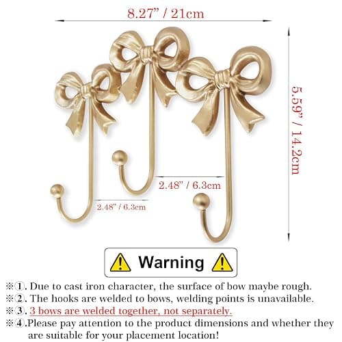 Small Bow Wall Hook,Gold Wall Mounted Functional Hooks,Antique Gold Cast Iron Hook for Coats,Bags, Bath Towels,Room Decorations,Girls Room,Bathroom,Office(Three-Bows Hooks:8.27x5.59 inches) thumbnail 3
