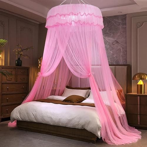 Kertnic Mosquito Net Bed Canopy for Girls, Princess Canopy Bed Curtain Fine Sheer Mesh Dome Bed Canopies, Kids & Adults Lace Tent for Twin Full Queen King Bed (Pink) - Pink - Image 1