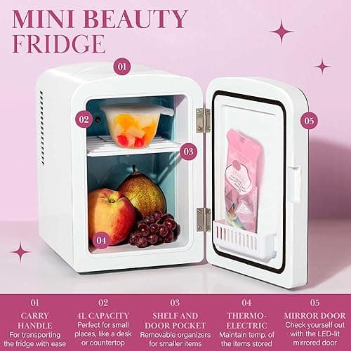 Paris Hilton Mini Refrigerator and Personal Beauty Fridge, Mirrored Door with Dimmable LED Light, Thermoelectric Cooling and Warming Function for All Cosmetics and Skincare Needs, 4-Liter, White - White thumbnail 4