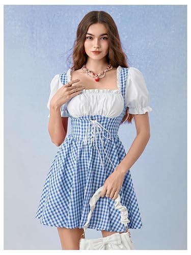 WDIRARA Women's Vintage Cottagecore Gingham Dresses Puff Sleeve Lace Up Corset Flared Dress thumbnail 6