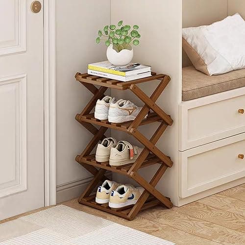 Bamboo Vertical Shoe Rack for Entryway,Narrow Shoe Rack Stackable,Minimalist Shoe Storage,4 Tier Standing Shoe Organizer for Garage Corner Bedroom Hallway(Tawny-4 Tier) - Image 1