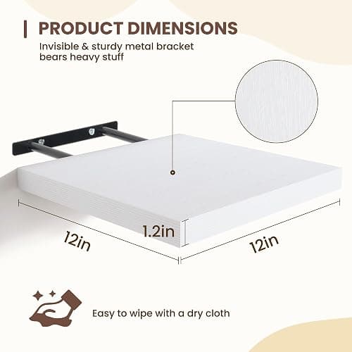 Fun Memories Floating Shelves for Wall - 12 Inch Square Shelves with Invisible Brackets, White Small Wall Shelf for Living Room, Bathroom, Bedroom, and Kitchen Decor，Set of 4 thumbnail 3