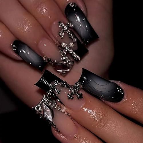 LunarCharm 24 Stück Aufdrücknägel, lang, quadratisch, schwarz, Ombre-Kunstnägel mit Kreuzanhänger-Design, glänzend, vollständige Abdeckung, schwarze künstliche falsche Nägel thumbnail 5