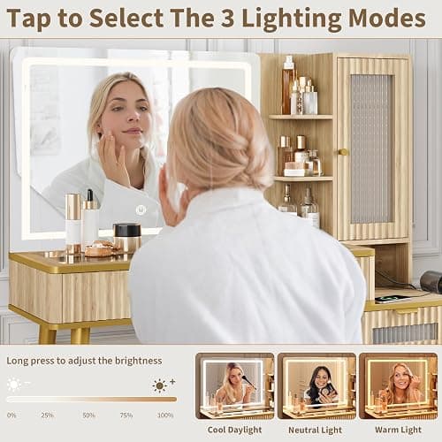 QUW Fluted Makeup Vanity Desk with Mirror and Lighits, 48" Modern Glass Top Vanity Table with Charging Station, Vanity Mirror with Adjustable Brightness, Dressing Table for Bedroom, Natural Oak thumbnail 5