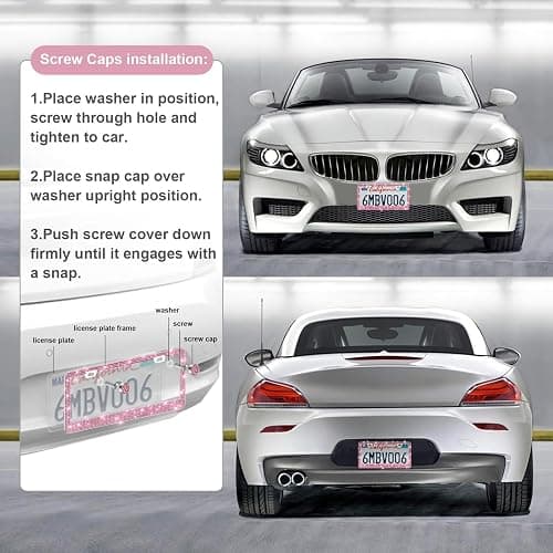 QUANQIUFEI 2 Pack Bling License Plate Frames for Women, Sparkly Rhinestone Diamond Car Accessories with Glitter Crystal Caps (Dark Pink) thumbnail 5