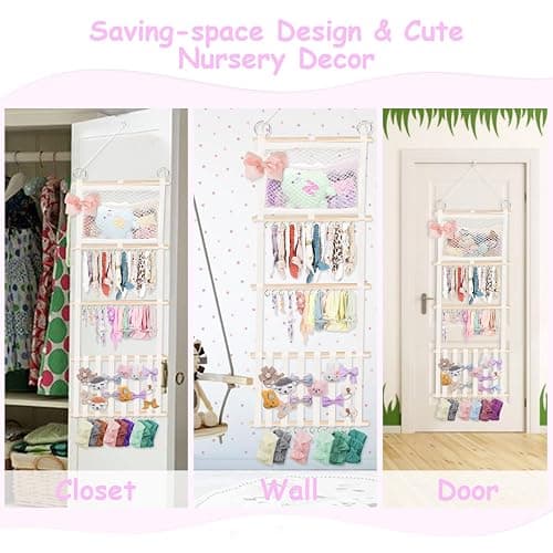 Headband Holder Hair Bow Organizer for Girls, 52x17 inch Beige Wall Hanging Headband Hanger Shelf w/Mesh Pocket, Baby Hair Accessories Organizer Storage for Toddler Nursery Kids Room Decor thumbnail 5