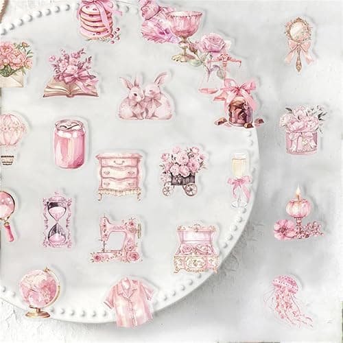 50pcs Transparent Pink Aesthetic Stickers,Vintage Coquette Sticker Girl's Love Waterproof PET Sticker for Scrapbook Journaling Photo Album Collage Card Girl's Romantic Stickers for Girl and Woman thumbnail 2
