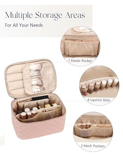 Prite Makeup Bag Portable Cosmetic Organizer with Brush Holder Waterproof Travel Toiletry Bag for Women with Handle and Divider (Checkered Pink) thumbnail 2
