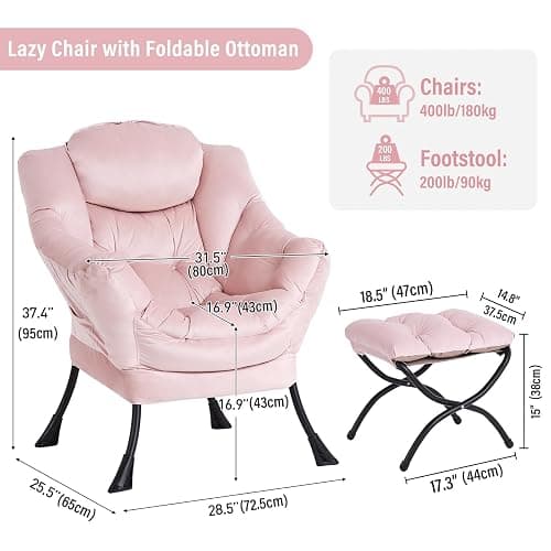 Furlide Lazy Chair with Ottoman, Modern Chair with Folding Footrest, Lounge Accent Chair, Comfortable Reading Chair, Oversized Armchairs for Bedroom, Study, Living Room, Courtyard (Pink) thumbnail 2