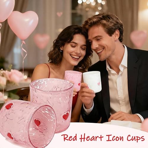 YinNorth 2 Pcs Valentine Icon Juice Glass 14oz Heart Drinking Cocktails Glasses Cute Pink White Stemless Wine Glasses Handblown Old Fashioned Couple Cups for Her Wife Women Birthday Lovely Gifts thumbnail 2