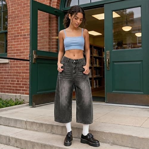 OTEEGX Jorts Women Baggy Jean Shorts Summer Long Denim Y2k Shorts for Women | Barrel Wide Leg Capri, High Rise, 4 Pockets, Plus Size Summer Bermuda Jorts, Boyfriend Vintage Streetwear thumbnail 4