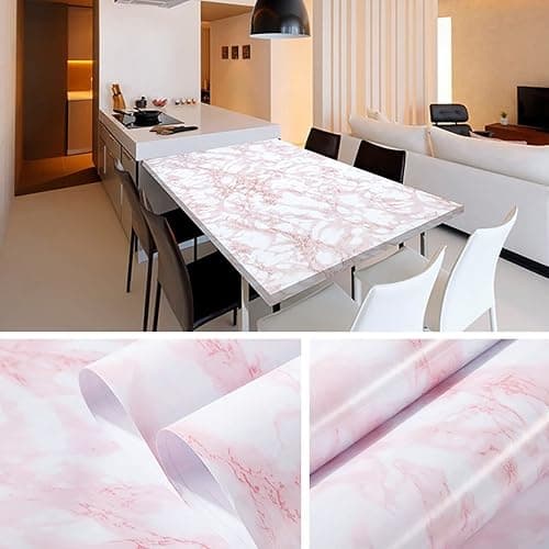 practicalWs 15.7 in × 118 in White Pink Marble Stick Paper Peel and Stick Countertops Self-Adhesive Vinyl Watertight Wallpaper Great As Cabinets Drawer Shelf Wall Crafts Wall Paper Decorations - 15.7" x 118.1" - Pink/White thumbnail 5