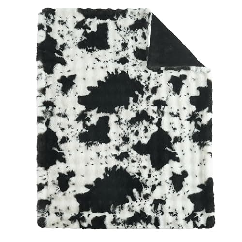 Lotus Karen Faux Fur Throw Blanket Cow Print-Black, Fluffy Fuzzy Plush Bubble Blanket for Couch, 60x50 Inches Cozy Shaggy Rabbit Blanket, Luxury Decorative Gifts for Sofa Bedroom Living Room. thumbnail 9