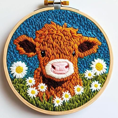 DIY Punch Needle Kits for Beginners Cute Cartoon Highland Cow with Daisy Flower with Hoop Embroidery Punch Needle Starter Craft Set Easy for Adults and Children Festival Gift and Decoration 20x20cm-1 - Image 1