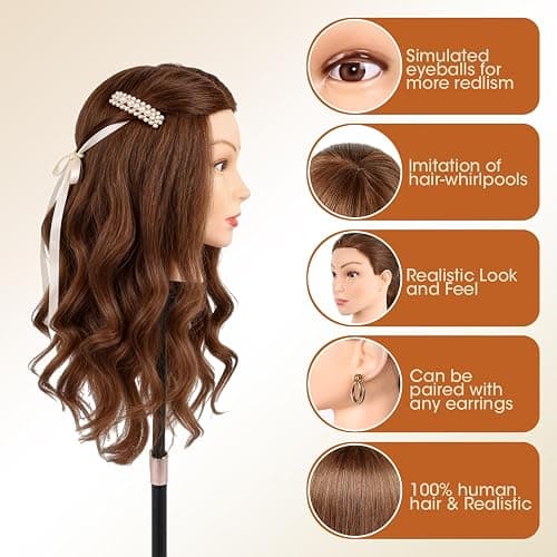 100% Mannequin Head Human Hair,22" Dark Brown Real Hair Cosmetology Mannequin Manikin Head Hair Styling Hairdressing Practice Training Doll Head with Clamp Holder and Tools thumbnail 4