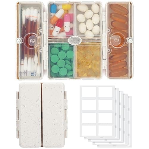 Zentiky Small Daily Pill Organizer with Labels, Medicine Pill Organizer Fit with Your Purse or Pocket for Travel to Hold Vitamin, Fish Oil, Supplement,Cotton Swabs, Bandages or Jewelry-Beige - Image 1
