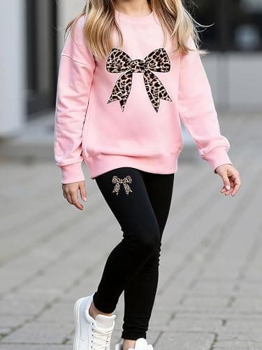 xueteox Girls Long Sleeve Sweatshirt 2 Piece, Bow Graphic Top and Pants Spring Fall Fashion Casual Clothes. thumbnail 6