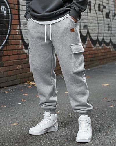 A WATERWANG Men's Fleece Cargo Sweatpants Casual Cotton Tapered Drawstring Athletic Workout Joggers Sweat Pants with Pockets thumbnail 3