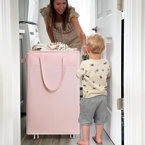 CHICVITA Slim Laundry Hamper with Wheels 75L, Collapsible Rolling Laundry Basket for Living Room, Pink Laundry Hamper for College Dorm thumbnail 8