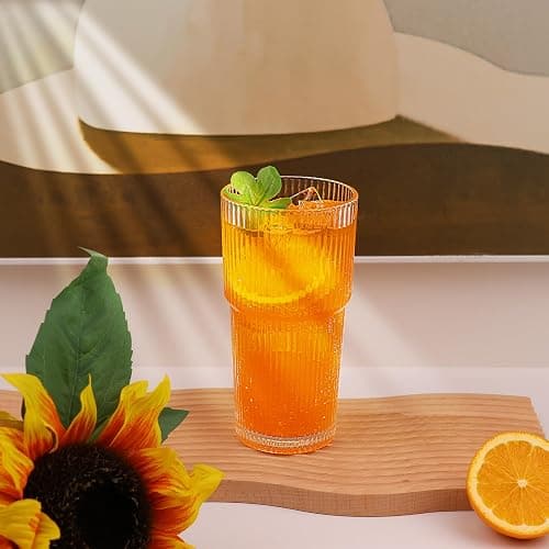 WeirdUncle Set of 6 Oversize Ribbed Glassware, 20oz Vintage Clear Glass Tumbler, Large capacity, Origami Style, Fluted Design, Ideal for Water, Iced Coffee, Beer, Tea, Latte, Housewarming Gift (Large) thumbnail 6