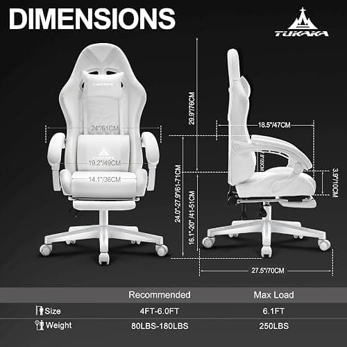 TUKAKA White Gaming Chair,Ergonomic Massage Computer Office Desk Chair with Footrest,Pocket Spring Cushion,Reclining Leather Adjustable Gamer Chair with Headrest and Lumbar Support,White thumbnail 3