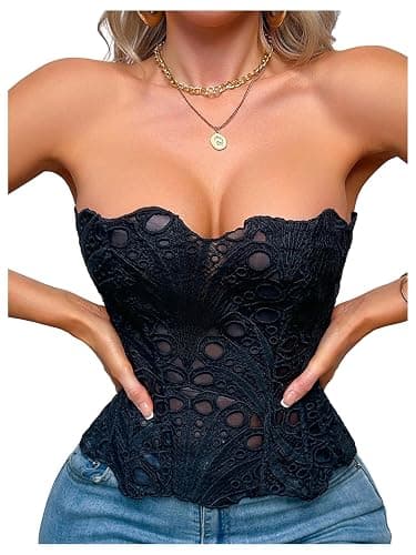 MakeMeChic Women's Black Corset Tops Y2K Floral Lace Sleeveless Open Back Strapless Body Shaper - Image 1