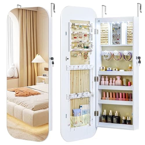 GOFLAME Rounded Mirror Jewelry Cabinet, Wall Mounted Over the Door Jewelry Armoire Organizer, 16.5" x 42.5" Wide Full Length Mirror with Storage, Built-in LED Makeup Mirror, Modern, Lockable, White - Image 1