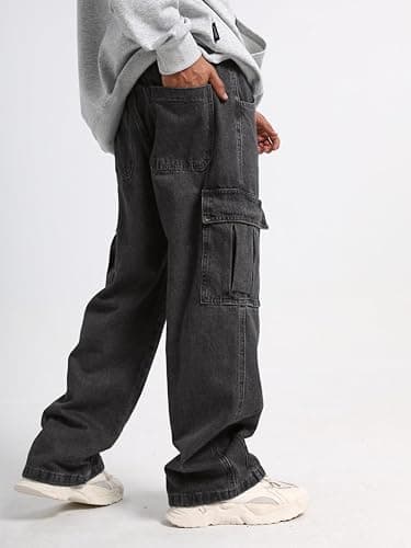 Mens Baggy Jeans for Men Women Y2k Skater Vintage Plain Pants Multiple Pockets Casual Wide Leg Loose Fit Cargo Denim Jeans thumbnail 3