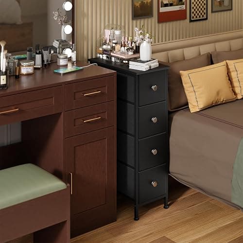 Fixwal Narrow Storage Cabinet, Small Dresser with 4 Drawers, Slim Fabric Dresser Storage for Small Spaces, Black Nightstand Side Table for Bedroom, Bathroom, Laundry, Closet, Dorm thumbnail 6
