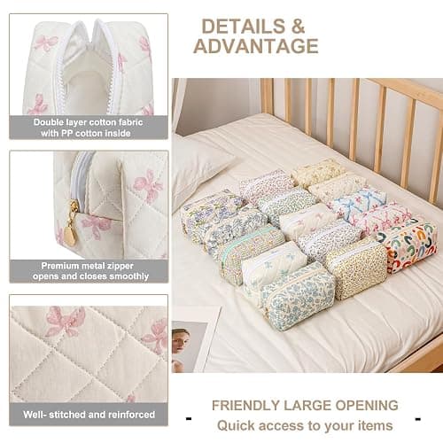 Gleyemor Small Quilted Makeup Bag for Women, Cute Floral Bow Cosmetic Bag, Emergency Bag Travel Toiletry Cotton Pouch Gifts for Girls Her Mom Friend Sister Bridesmaid (Small Pink Bowknot) thumbnail 4