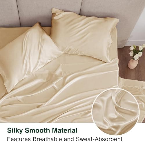 Love's cabin Full Size Satin Sheet Sets - 4 Piece Beige Silky Sheet Set with Deep Pocket, Luxury Silk Feel Satin Sheets Full Bedding Set (1 Flat Sheet,1 Fitted Sheet,2 Pillow Cases) thumbnail 5