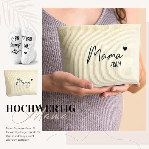 Jadive 2 Stück Geschenkset für Werdende Mütter Mama Kram Kosmetiktasche aus Cord mit Reißverschluss Schwangerschaft Rutschfeste Socken für Neue Mama Frauen Babyparty Verkünden (Cremeweißer Cord, weiß) thumbnail 5