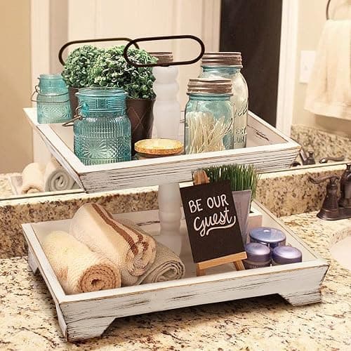 Tiered Tray Stand Farmhouse Tiered Tray for Decors Holder 2 Tiered Tray Stand for Kitchen Bedroom Entryway Coffee Bar thumbnail 6