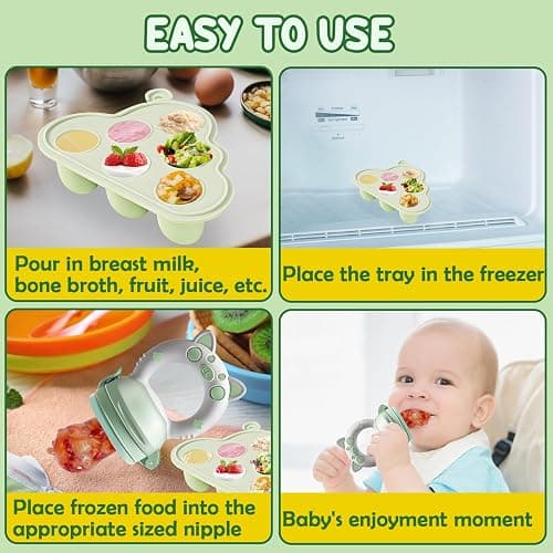 Fruchtsauger Baby ab 3 Monate - Früchte Futterspender Set mit Babybrei Einfrieren Behälter, Obstschnuller und Ersatz Silikon Schnuller in 3 Größen, Beikost Baby Zubehör für Obst, Gemüse thumbnail 4