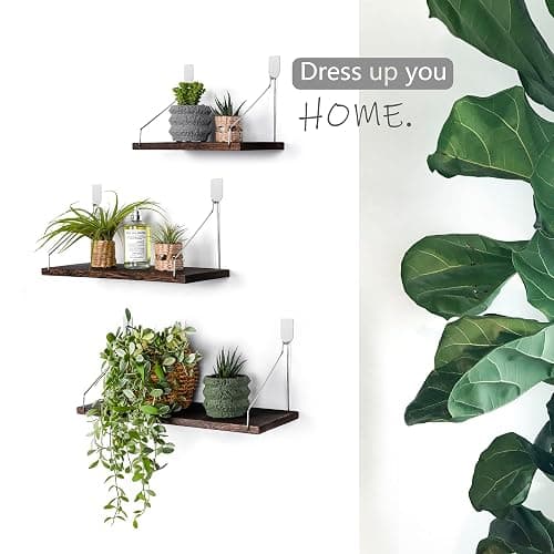 MITIME Floating Wall Shelves, Rustic Wood Wall Mounted Shelf Set of 3 | No Drill Adhesive Renter Friendly Floating Shelf, Display Rack for Plants Decor Bedroom Bathroom Kitchen thumbnail 6