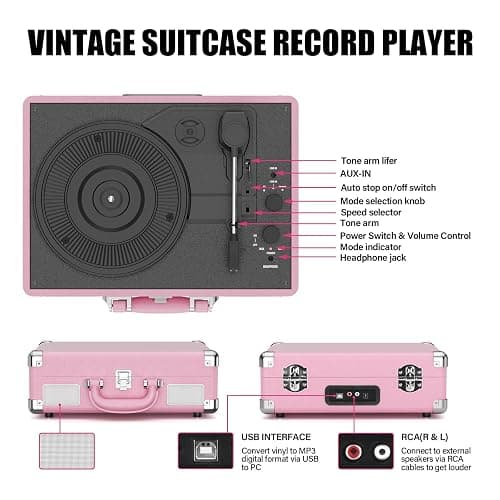 Vinyl Record Player 3-Speed Bluetooth Suitcase Portable Belt-Driven Record Player with Built-in Speakers RCA Line Out AUX in Headphone Jack Vintage Turntable,Pink thumbnail 2