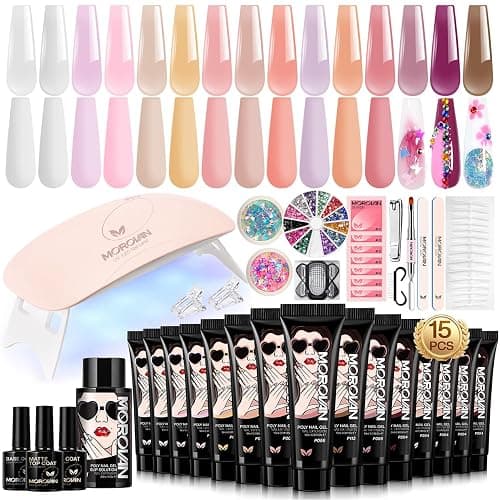 Poly Gel Nail Kit for Beginners: 15 Colors Gel Extension Nail Starter Kit with Slip Solution U V Light for Women Girls at Home DIY - Image 1